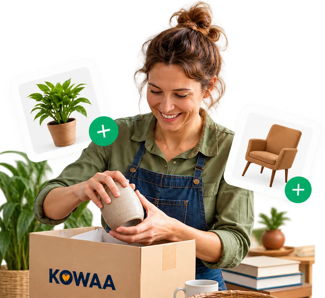 Une bénévole prépare un objet dans un carton KOWAA, deux objets prêts à être publiés
