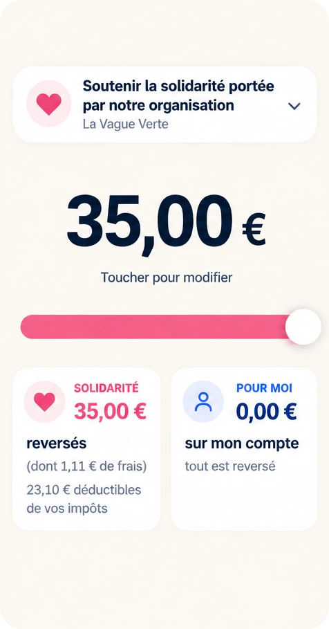L’application affiche 35,00 € à encaisser, avec la répartition entre la part solidaire et la part personnelle