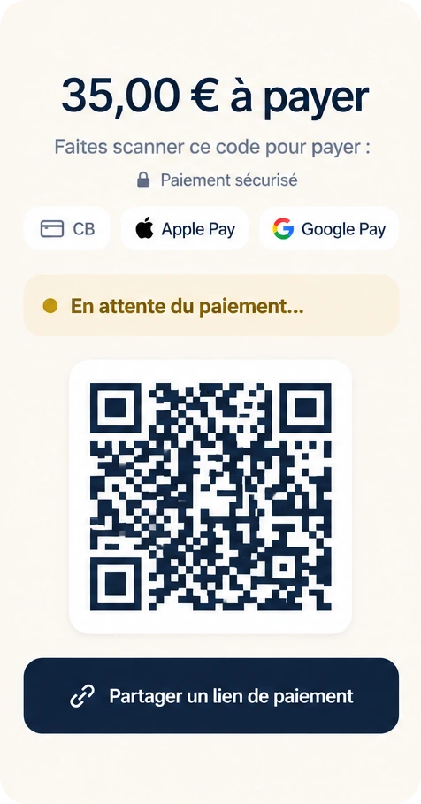 L’application affiche un QR code de paiement et un bouton pour partager un lien de paiement