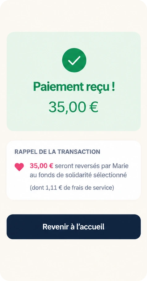 L’application confirme « Paiement reçu ! » pour 35,00 €, avec le rappel de la transaction