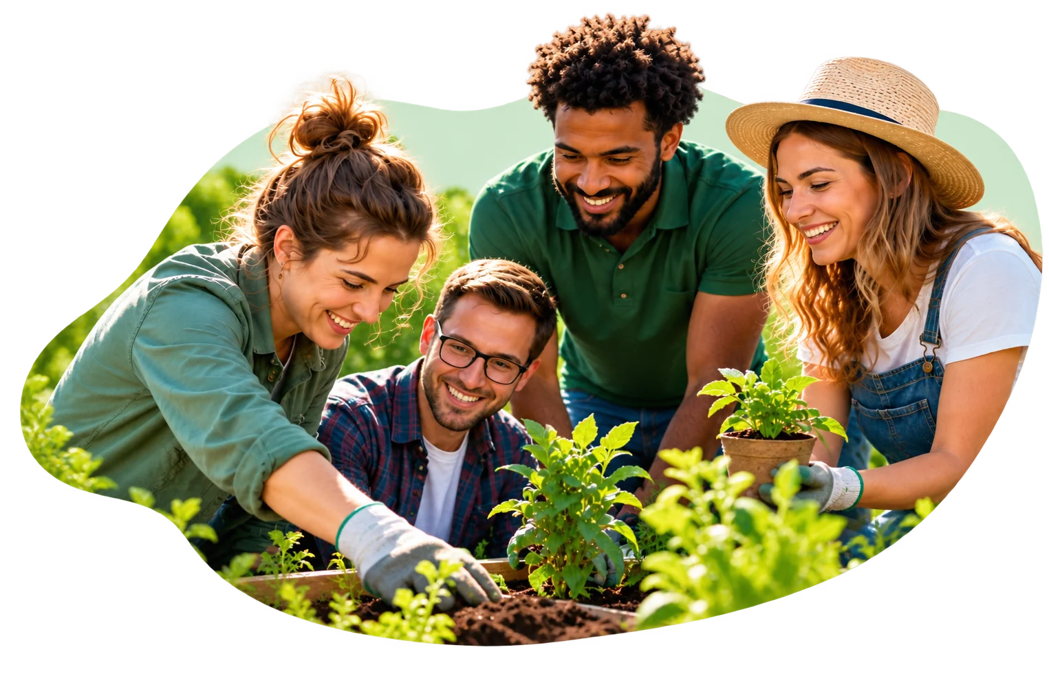 Quatre collaborateurs plantent ensemble des jeunes pousses dans un jardin partagé