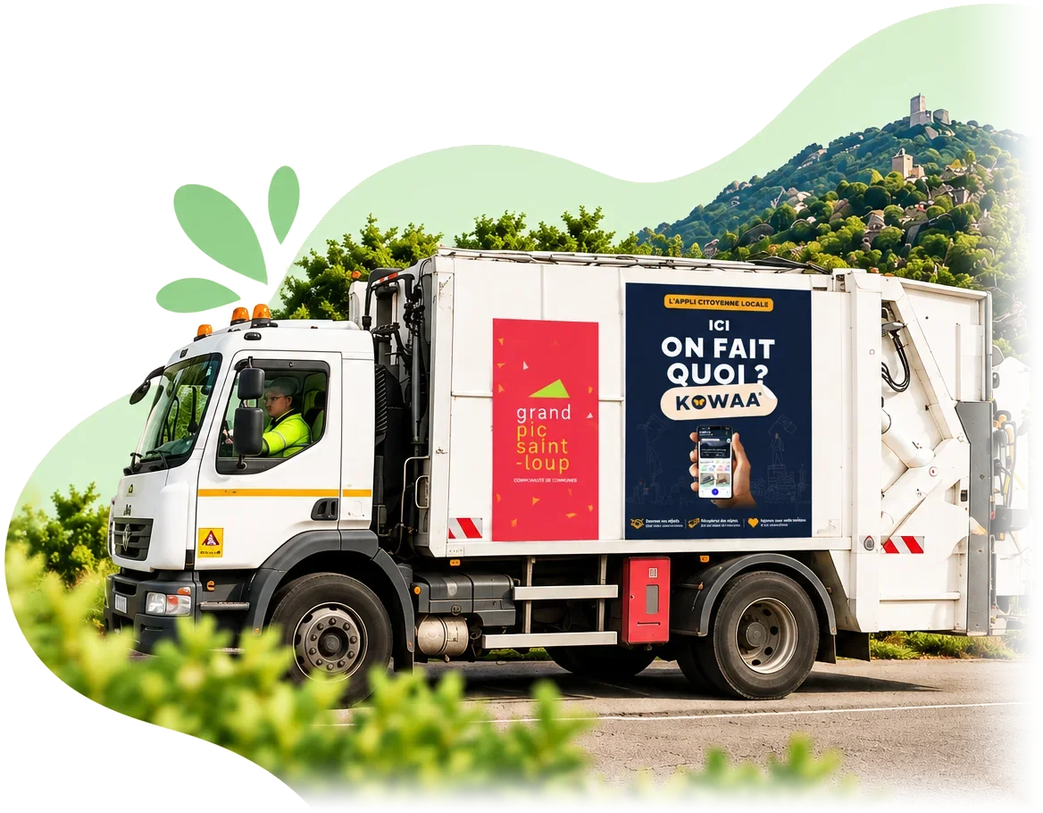 Camion de collecte de la communauté de communes du Grand Pic Saint-Loup, portant une affiche KOWAA « Ici on fait quoi ? »